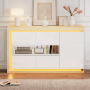 okwish Sideboard mit LED Türen Fächern Wohnzimmer Büro 140x40x84 cm Weiß_3