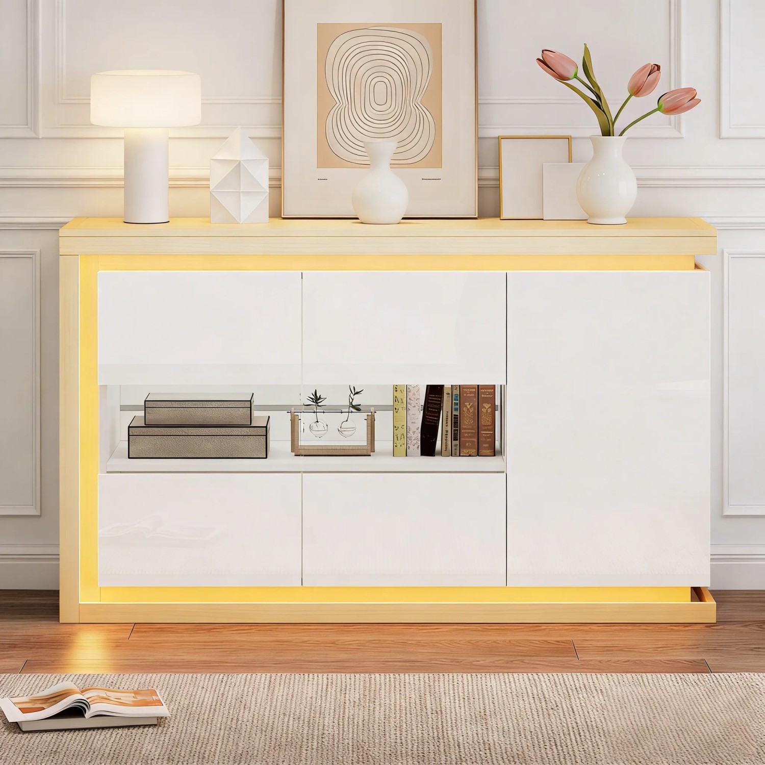 okwish Sideboard mit LED Türen Fächern Wohnzimmer Büro 140x40x84 cm Weiß_3
