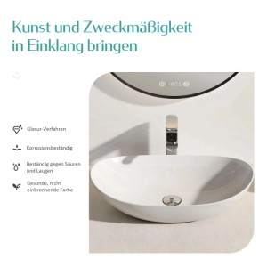 Modernes, ovales Keramik Aufsatzwaschbecken in Weiß auf Waschtischplatte mit Armatur. Zeitloses Design für Ihr Bad.