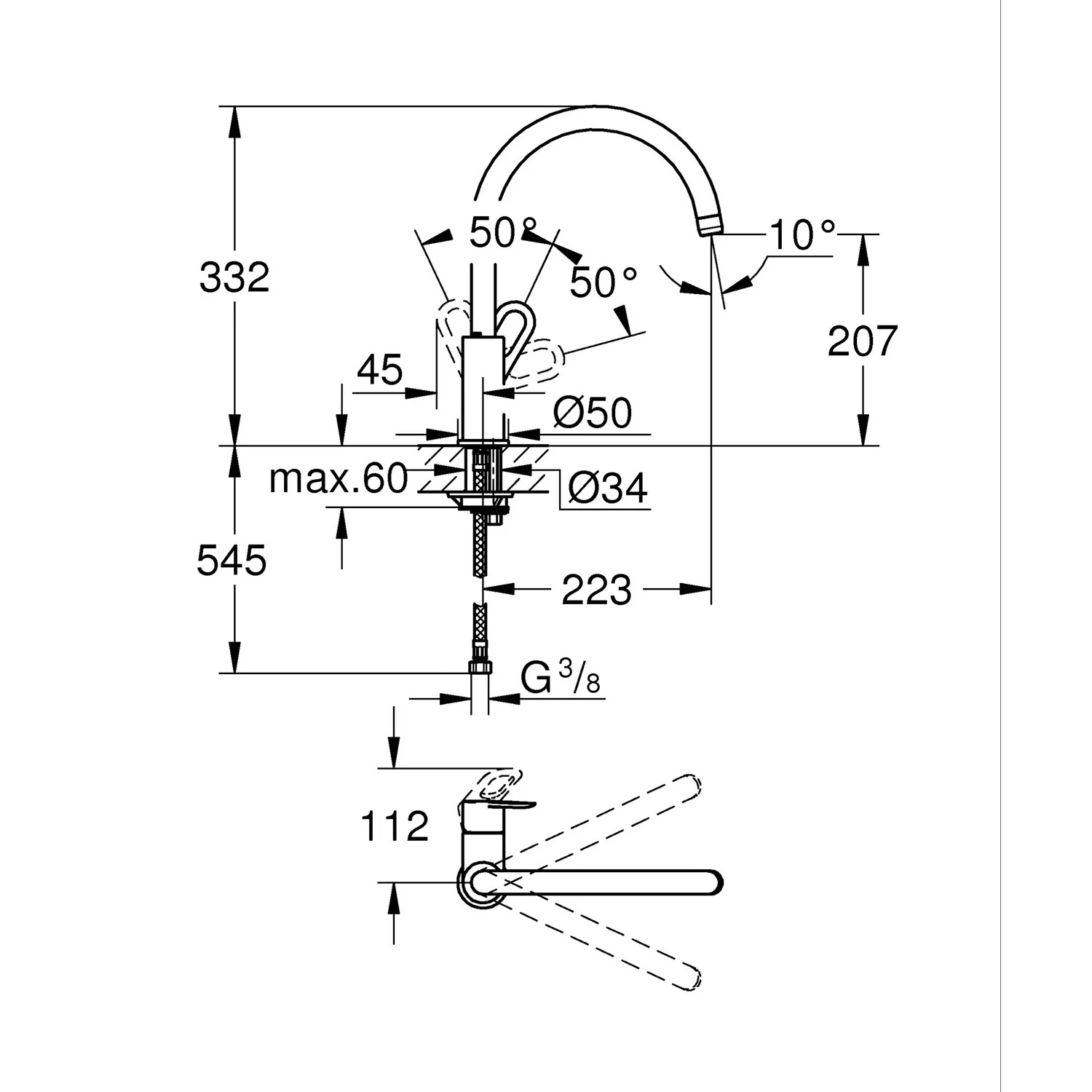 Technische Zeichnung Grohe QuickFix Spültischarmatur Start Loop Supersteel mit Maßangaben.