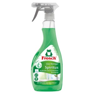 Frosch Glasreiniger Spiritus 500ml in grüner Sprühflasche für streifenfreie Sauberkeit.