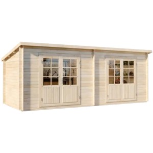 Unbehandeltes Alpholz Gartenhaus Maria Twin mit Pultdach und zwei Fenstertüren.