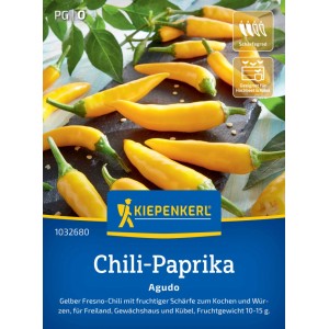 Kiepenkerl Saatgut Chili-Paprika Agudo F1: Gelbe, längliche Chili-Schoten auf dunklem Untergrund.