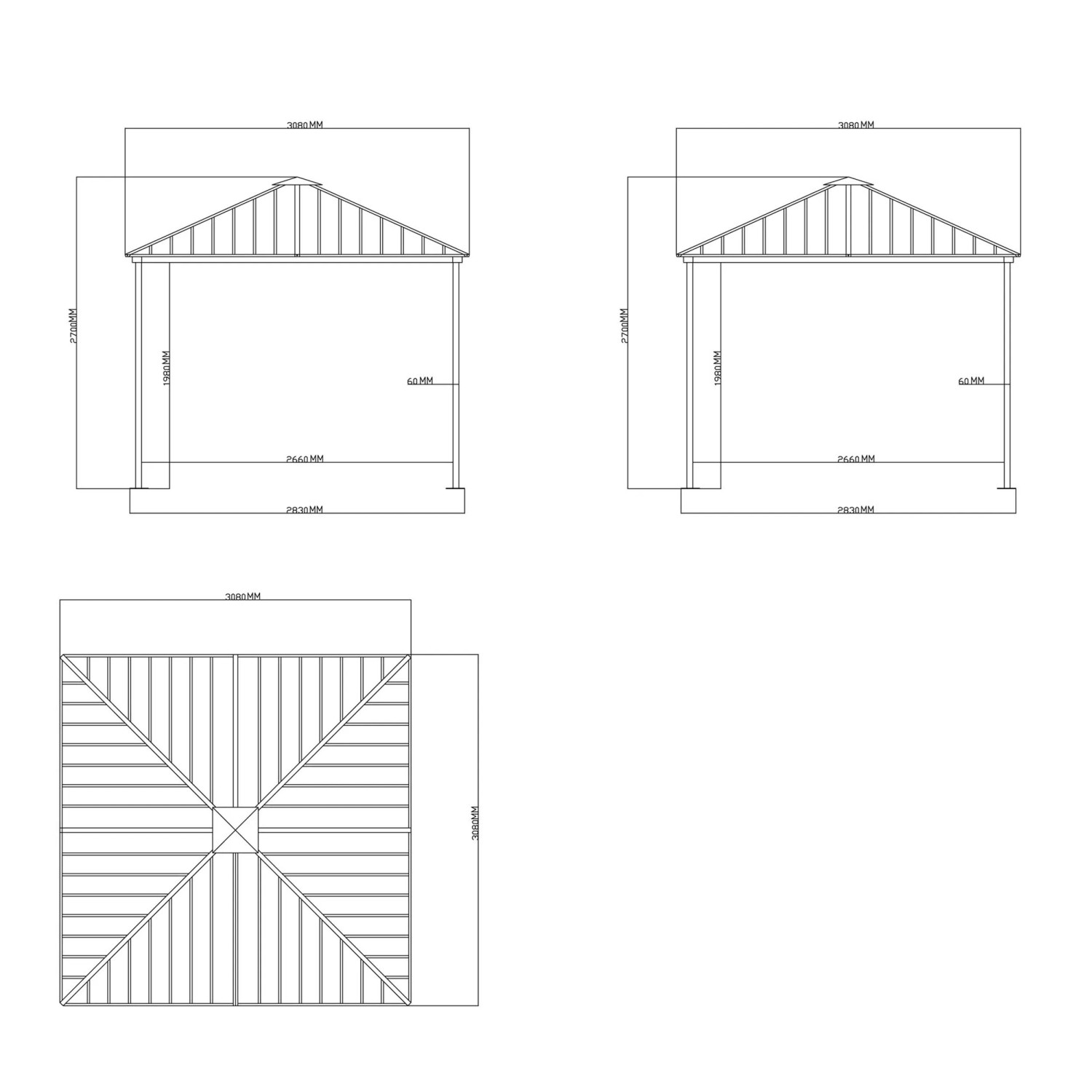 Technische Zeichnung des Home Deluxe Pavillon Azur mit Maßangaben.
