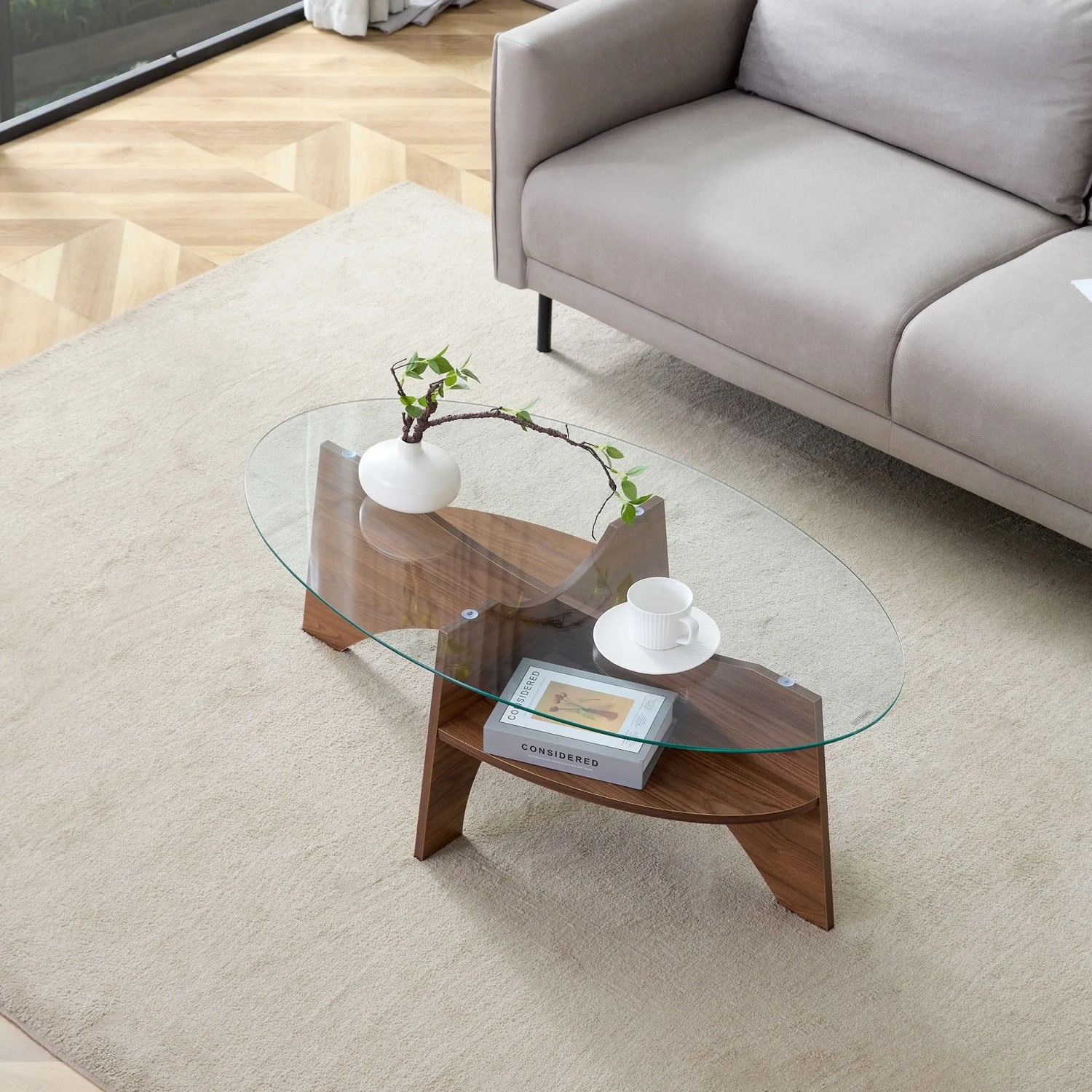 okwish Beistelltisch mit Sicherheitsglas Fächerförmiges Gestell Esszimmer Büro 105x60x35cm Braun_4