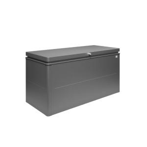 Dunkelgrau-metallic Biohort Loungebox 160 aus Metall mit Zylinderschloss, regenwasserdichte Universalbox für Garten.