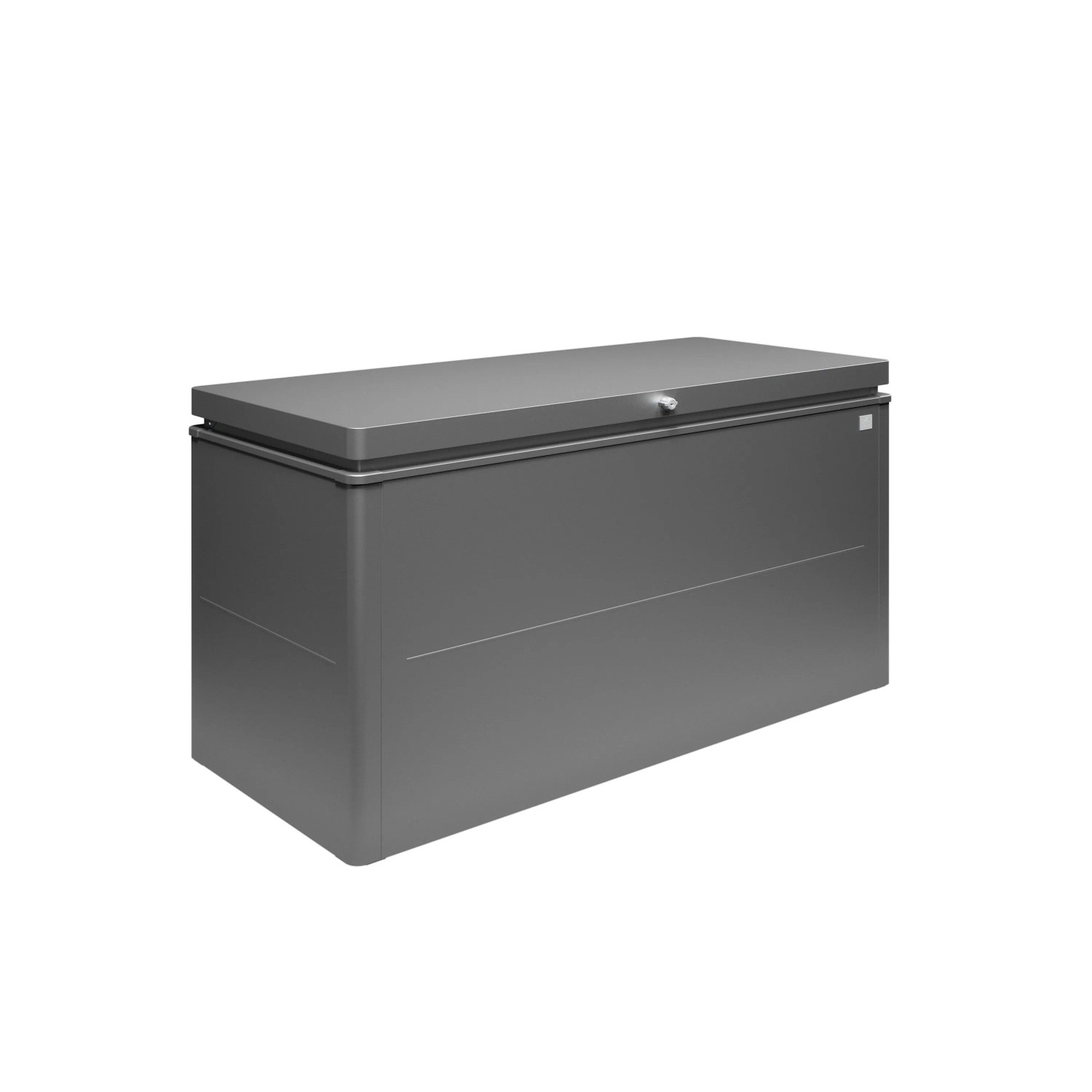 Dunkelgrau-metallic Biohort Loungebox 160 aus Metall mit Zylinderschloss, regenwasserdichte Universalbox für Garten.