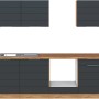 Moderne Küchenzeile in Grau- und Wotaneiche-Optik, 240 cm breit, ohne Elektrogeräte.