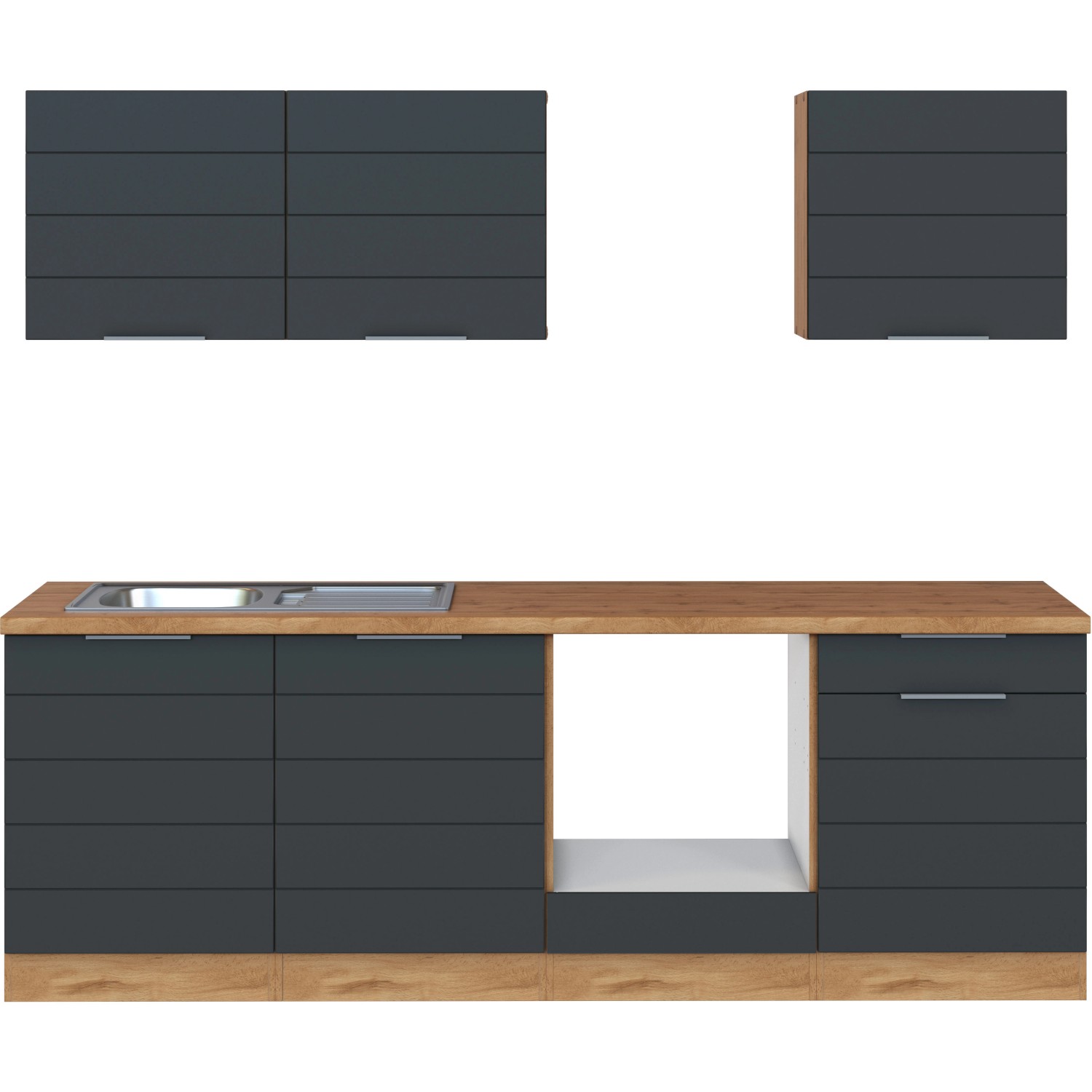 Moderne Küchenzeile in Grau- und Wotaneiche-Optik, 240 cm breit, ohne Elektrogeräte.