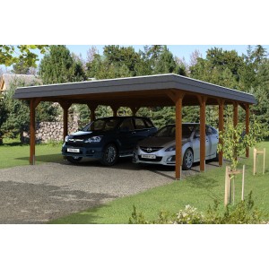 Skan Holz Doppelcarport Spreewald mit EPDM Dach und Blende in Schwarz/Nussbaum. Zwei Autos parken unter dem Carport.