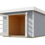 Graues Weka Holz-Gartenhaus mit Flachdach und geöffneten Doppeltüren.