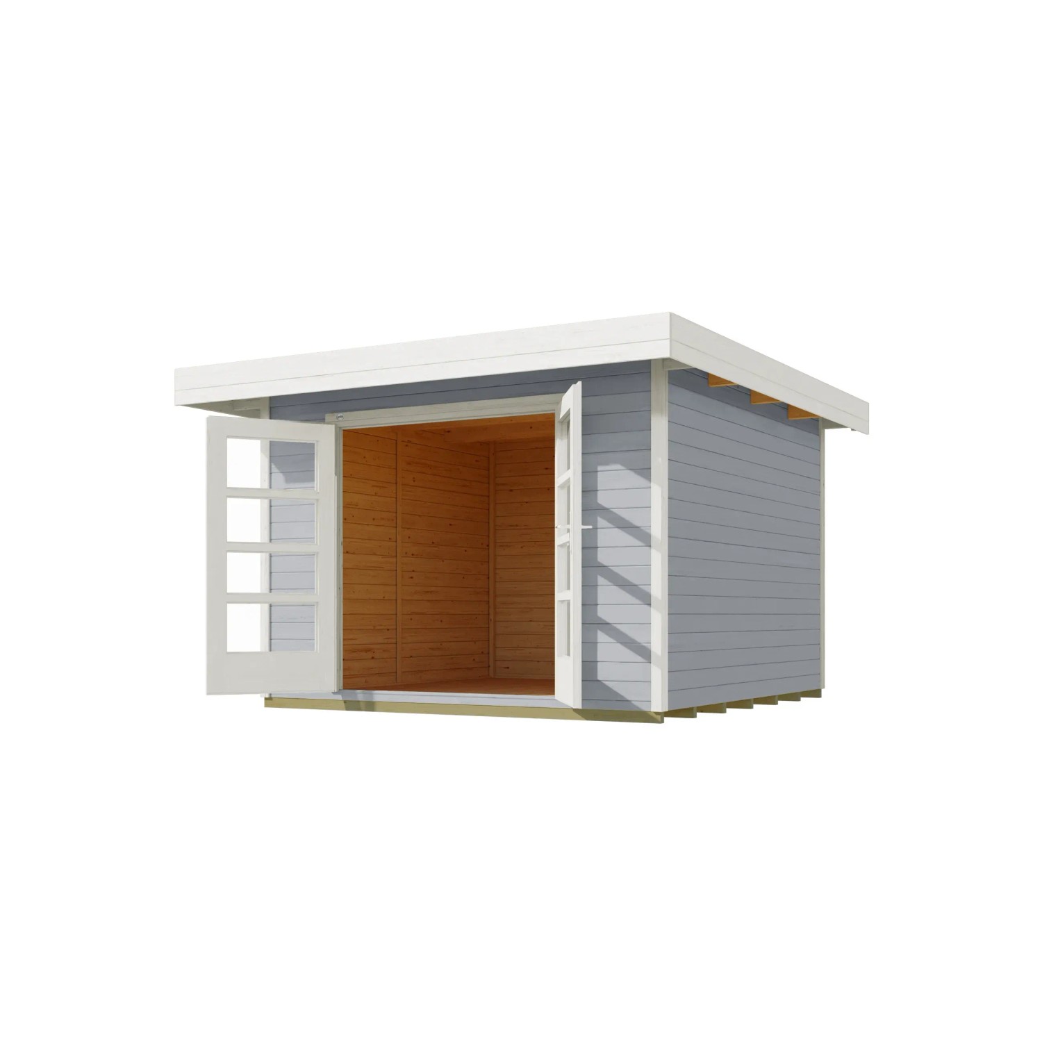 Graues Weka Holz-Gartenhaus mit Flachdach und geöffneten Doppeltüren.