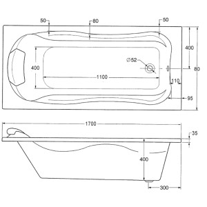 Skizze: Ottofond Whirlpool Jamaica Komfort, 170x80 cm, weiße Acrylwanne mit Maßangaben.
