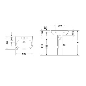 Technische Zeichnung: Duravit Waschbecken 60 cm D-Code, weiß, mit Maßen für Installation.
