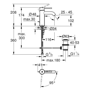 Technische Zeichnung Grohe Essence Waschtischarmatur S-Size Chrom mit Maßangaben.