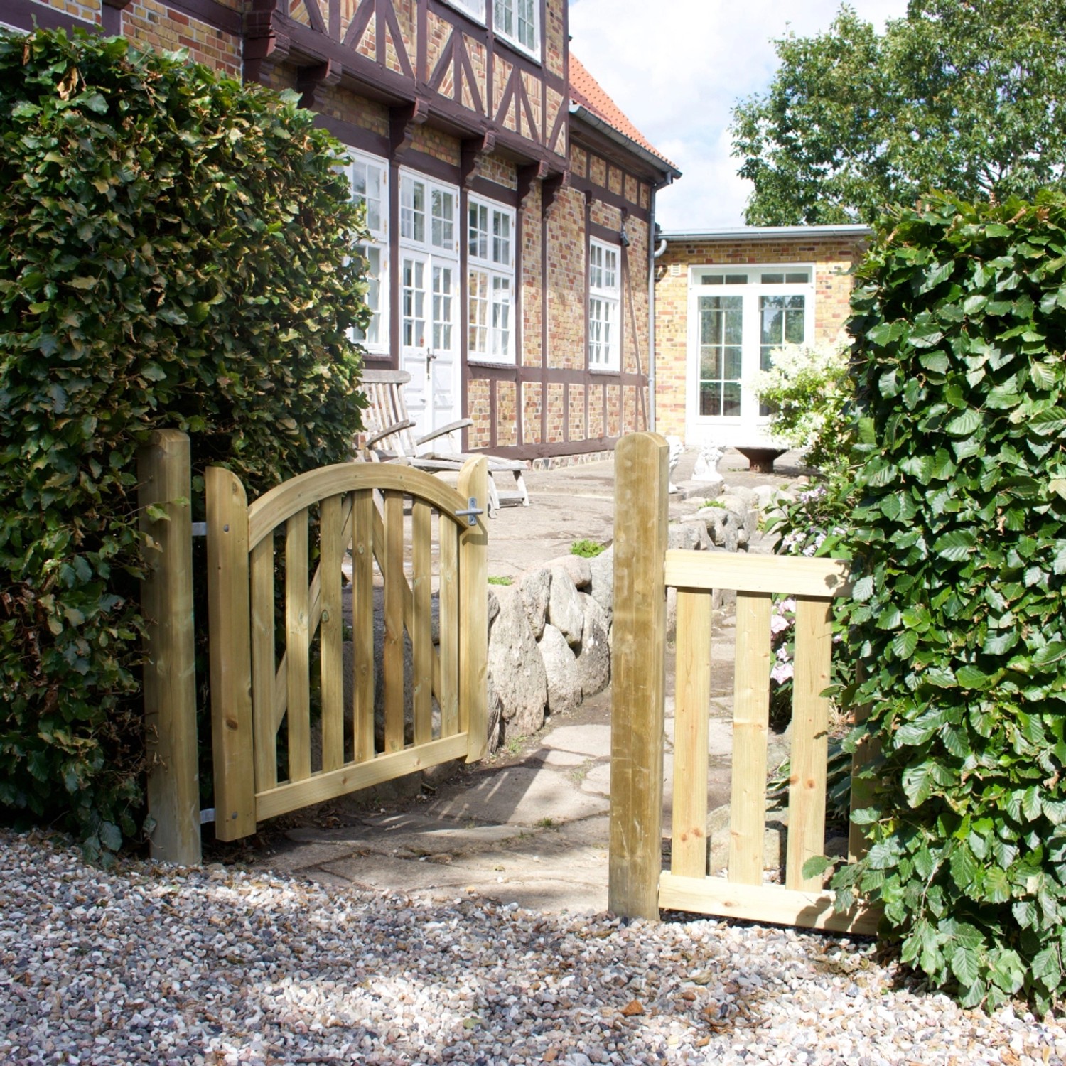 Offenes, druckimprägniertes Nadelholz Gartentor Ligno, 100x88 cm, mit abgerundetem Abschluss.