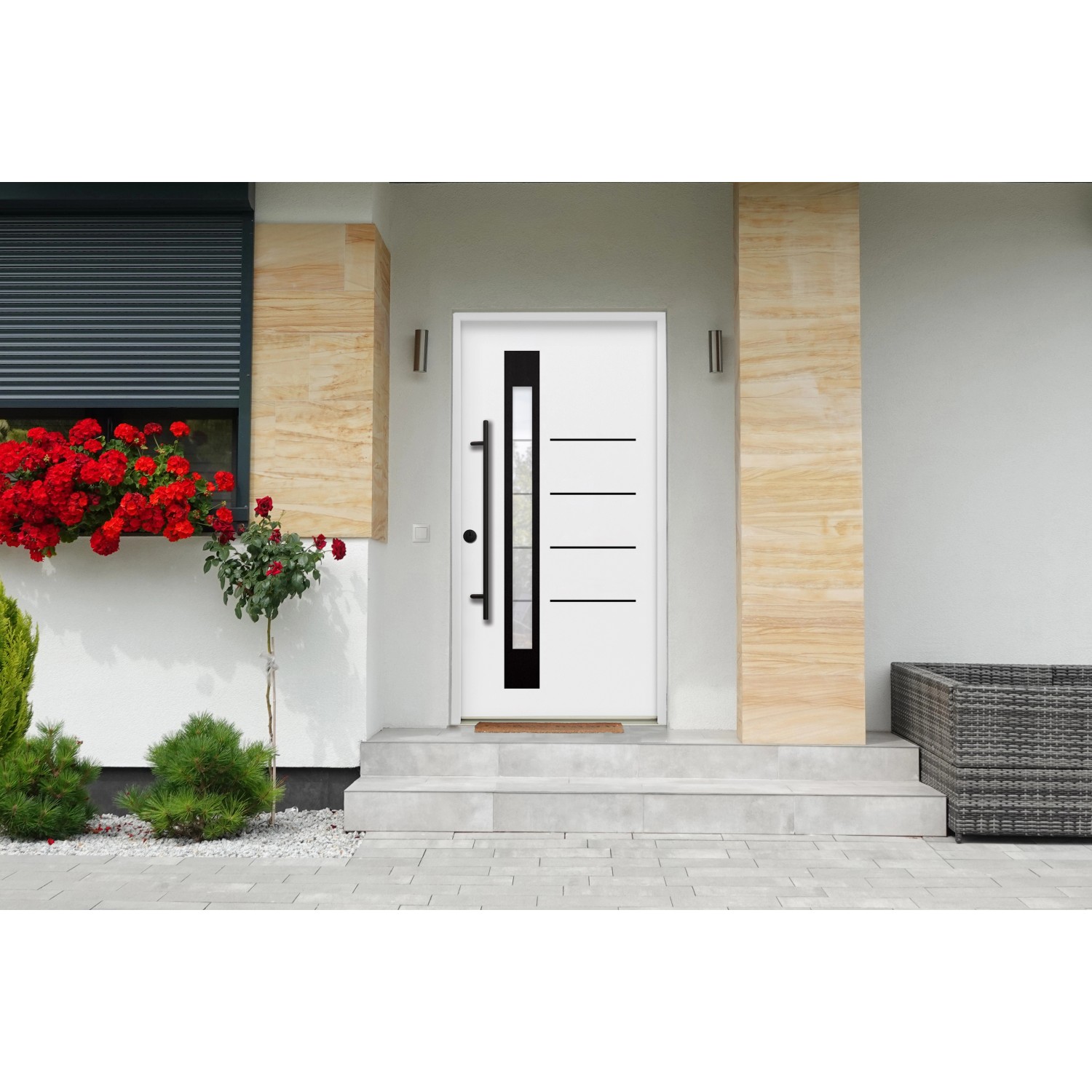 Weiße Splendoor Sicherheits-Haustür Berlin Prime RC2 mit Edelstahlapplikation und Glasausschnitt.