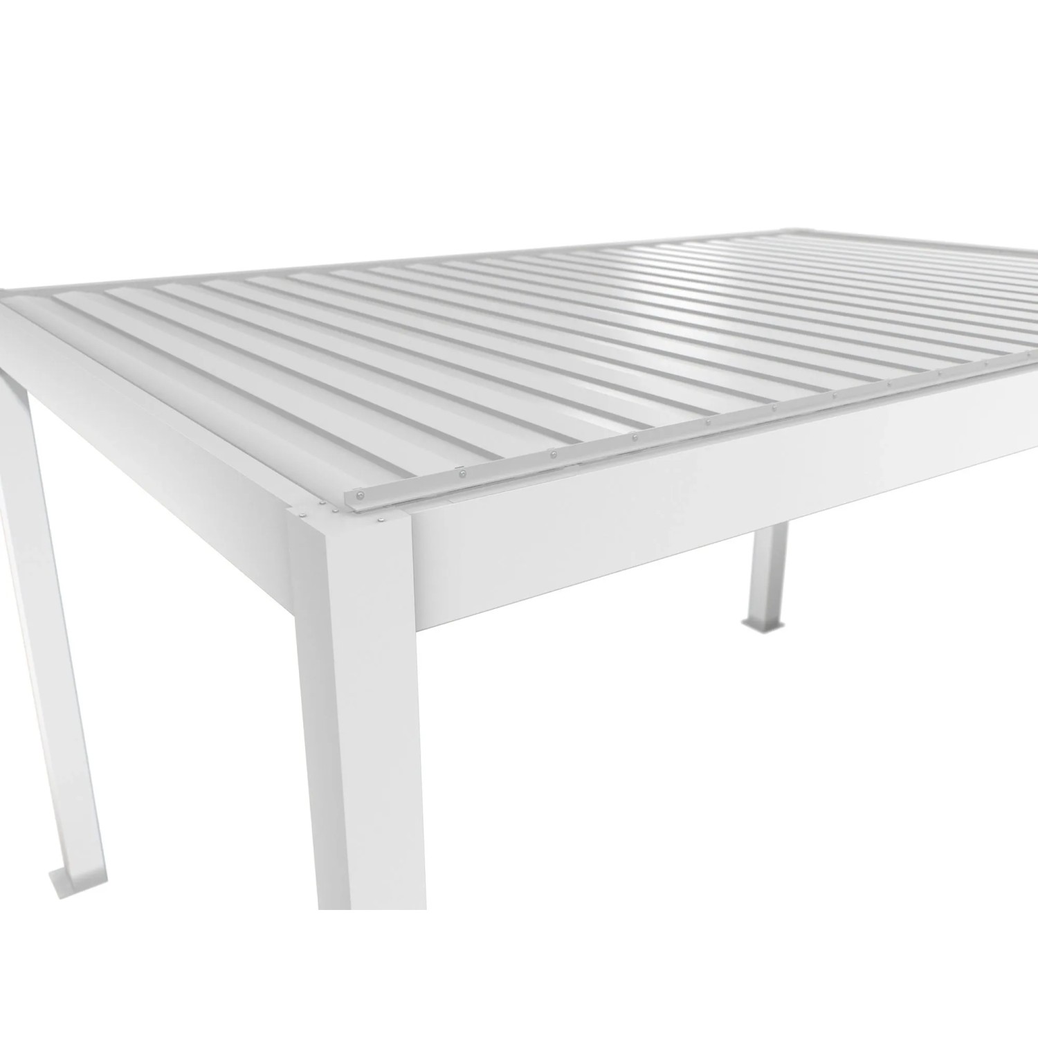 Detailansicht der weißen Biohort Pergola 3,5x3,5m, Terrassenüberdachung mit Lamellendach.