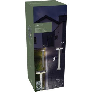 Verpackung der Solar-Wegeleuchte Porto aus rostfreiem Stahl mit Sensor und Erdspieß.