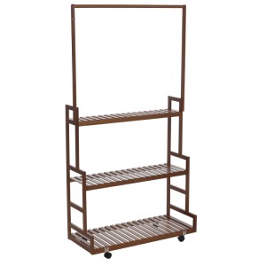 Braunes MCW Bambus Pflanzenregal mit 3 Ablagen, Stange und Rollen, 175x93x38cm.