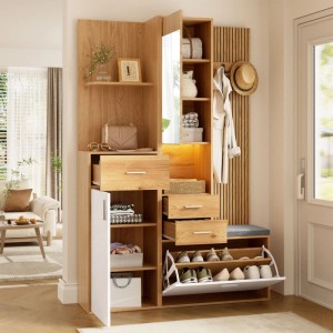 Merax Flurgarderobe Schuhschrank Spiegel Sitzbank LED Schubladen