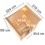 Draufsicht der Karibu Sauna Marika mit LED-Dachkranz aus naturbelassener Fichte mit Maßangaben.