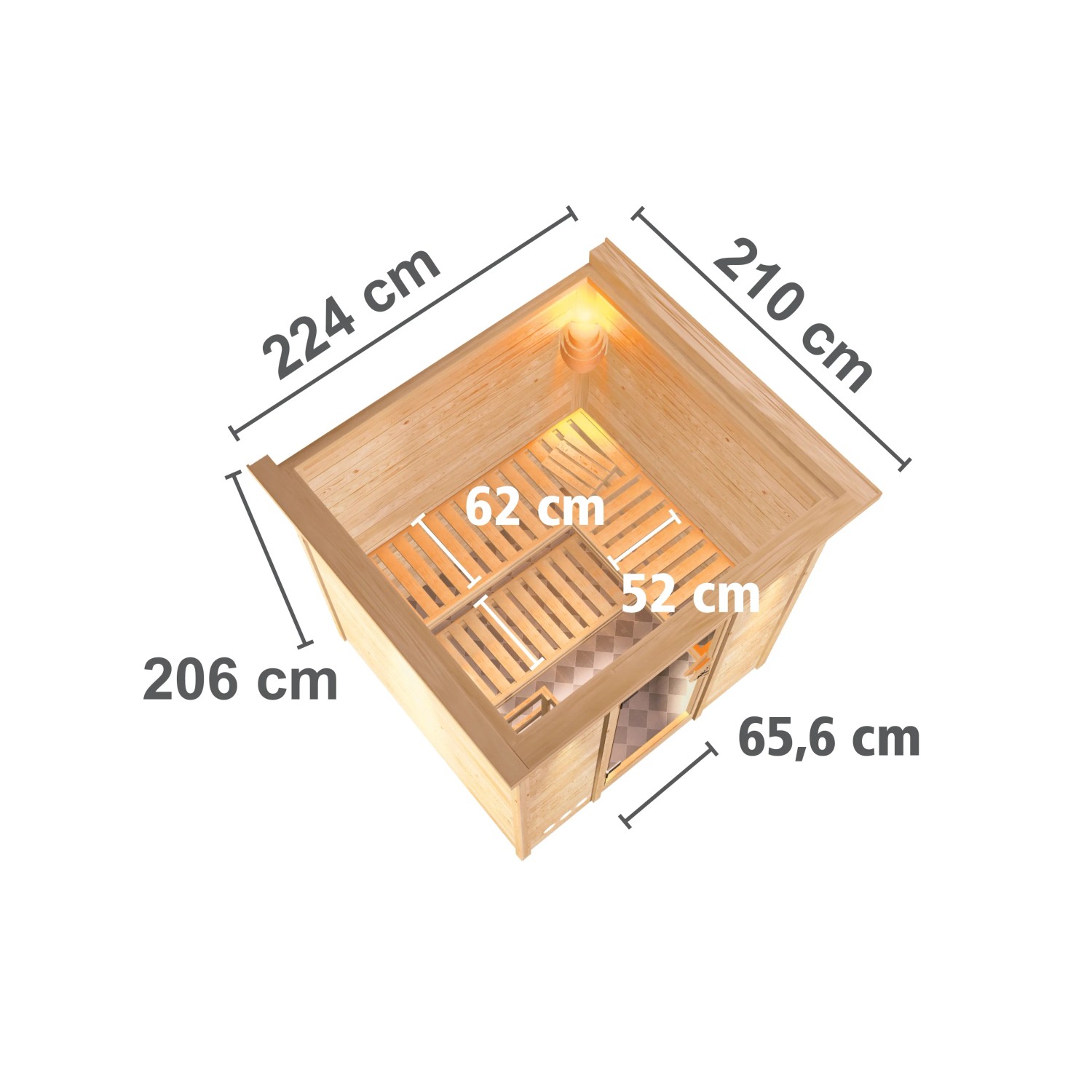 Draufsicht der Karibu Sauna Marika mit LED-Dachkranz aus naturbelassener Fichte mit Maßangaben.