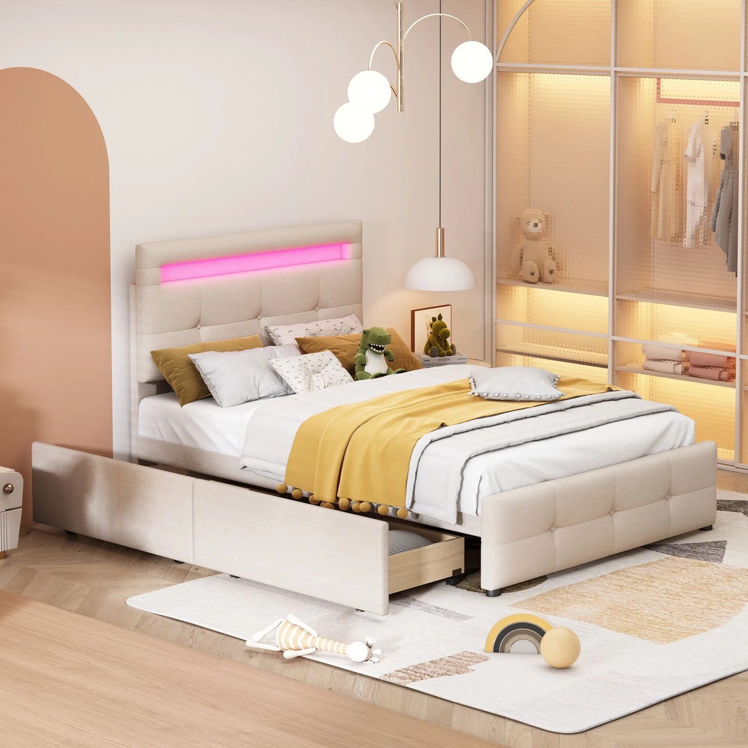 okwish Polsterbett 90x200cm mit LED Leuchten Kinderzimmer Beige ohne Matratze_2