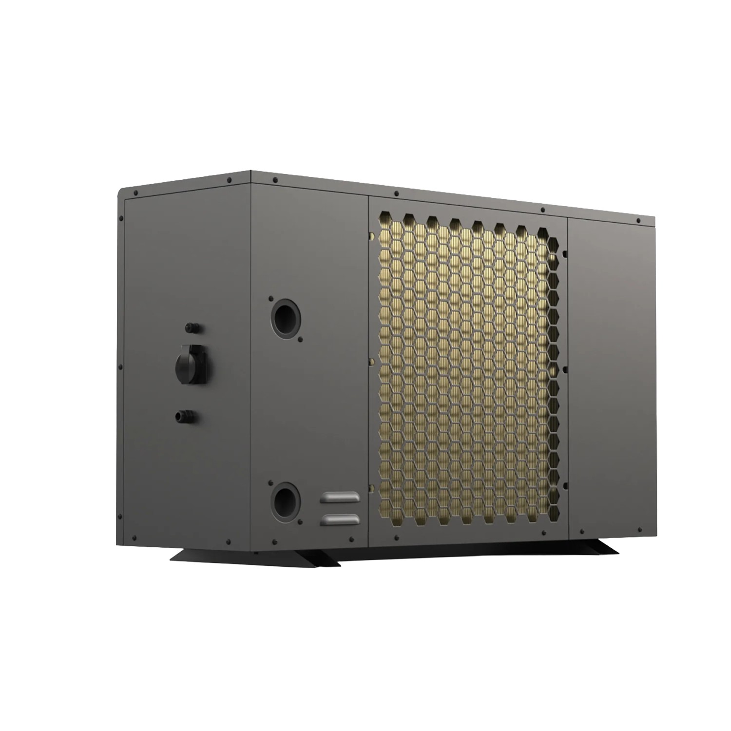Steinbach Silent 5 Pool Wärmepumpe, Heizleistung 5000 W, für Pools bis 25000 l. Graues Gehäuse mit goldfarbenem Gitter.