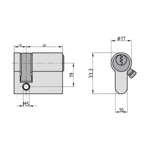 Technische Zeichnung Basi Bau Zylinder G102 10/30 mm Halbzylinder mit Maßangaben.