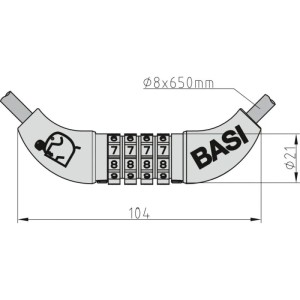 Technische Zeichnung: Basi Spiralschloss ZR 313 mit Zahlenschloss, Maße und Details.