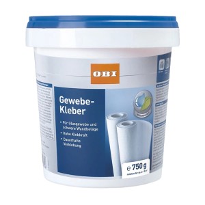 Weißer OBI Gewebekleber 750g Eimer mit blauem Deckel für Glasgewebe und schwere Wandbeläge. Hohe Klebkraft.