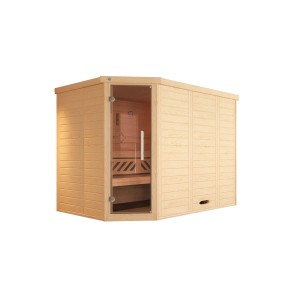 Weka Massivholz Elementsauna Kemi Eck mit Glastür und Saunaofen Set.