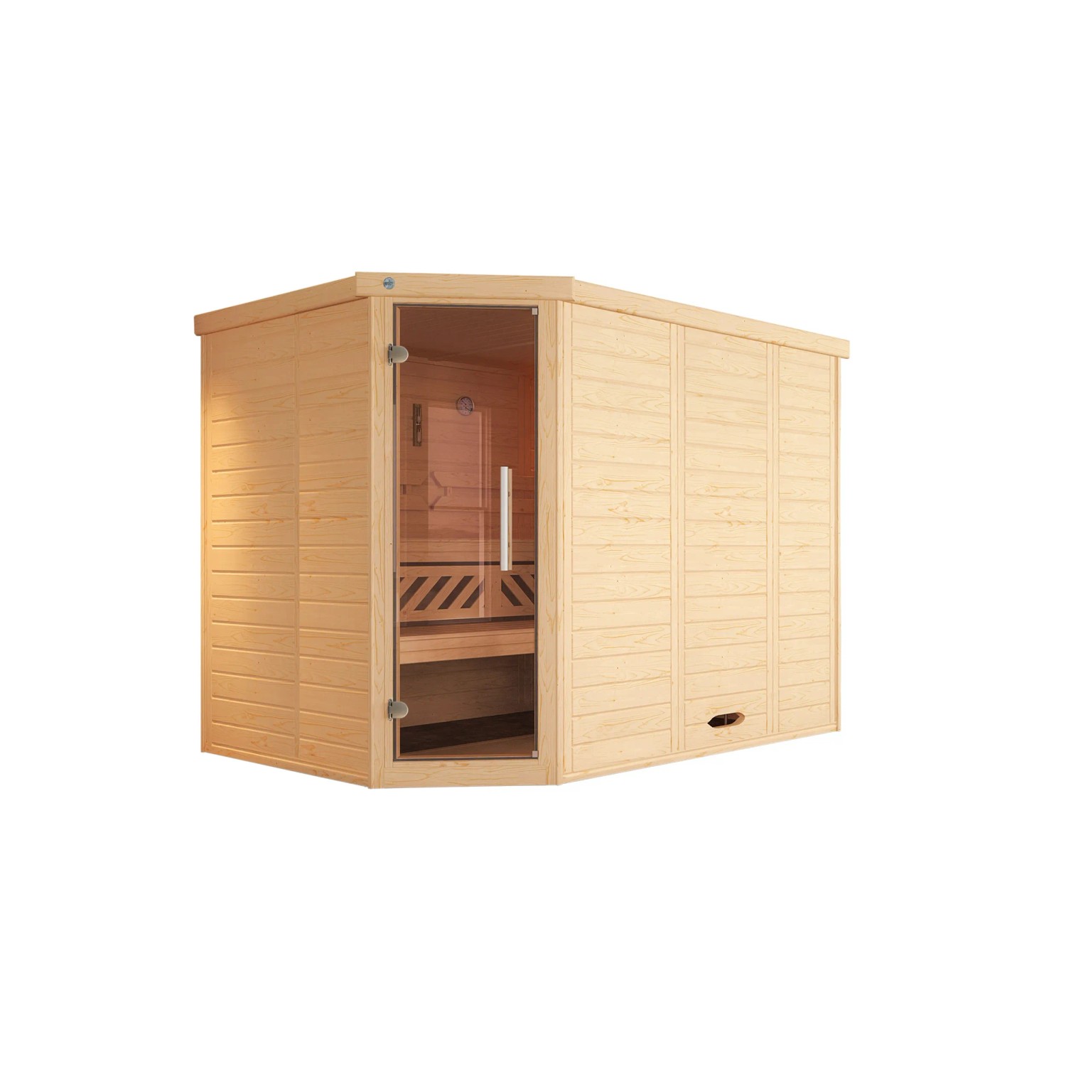 Weka Massivholz Elementsauna Kemi Eck mit Glastür und Saunaofen Set.