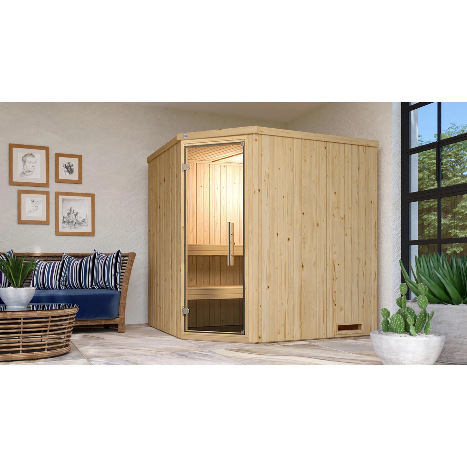 Weka Element-Ecksauna Varberg 2 Sparset mit Glastür, Fichte natur, 5,4 kW Ofen.