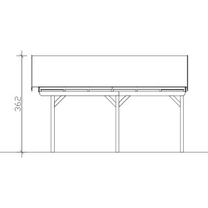 Skizze eines weißen Skan Holz Carport Fichtelberg mit Dachlattung und Maßangabe.