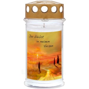 Motiv-Grablicht Ambrosius mit Abendrot-Motiv und Spruch, wetterfest für 5 Tage Brenndauer.