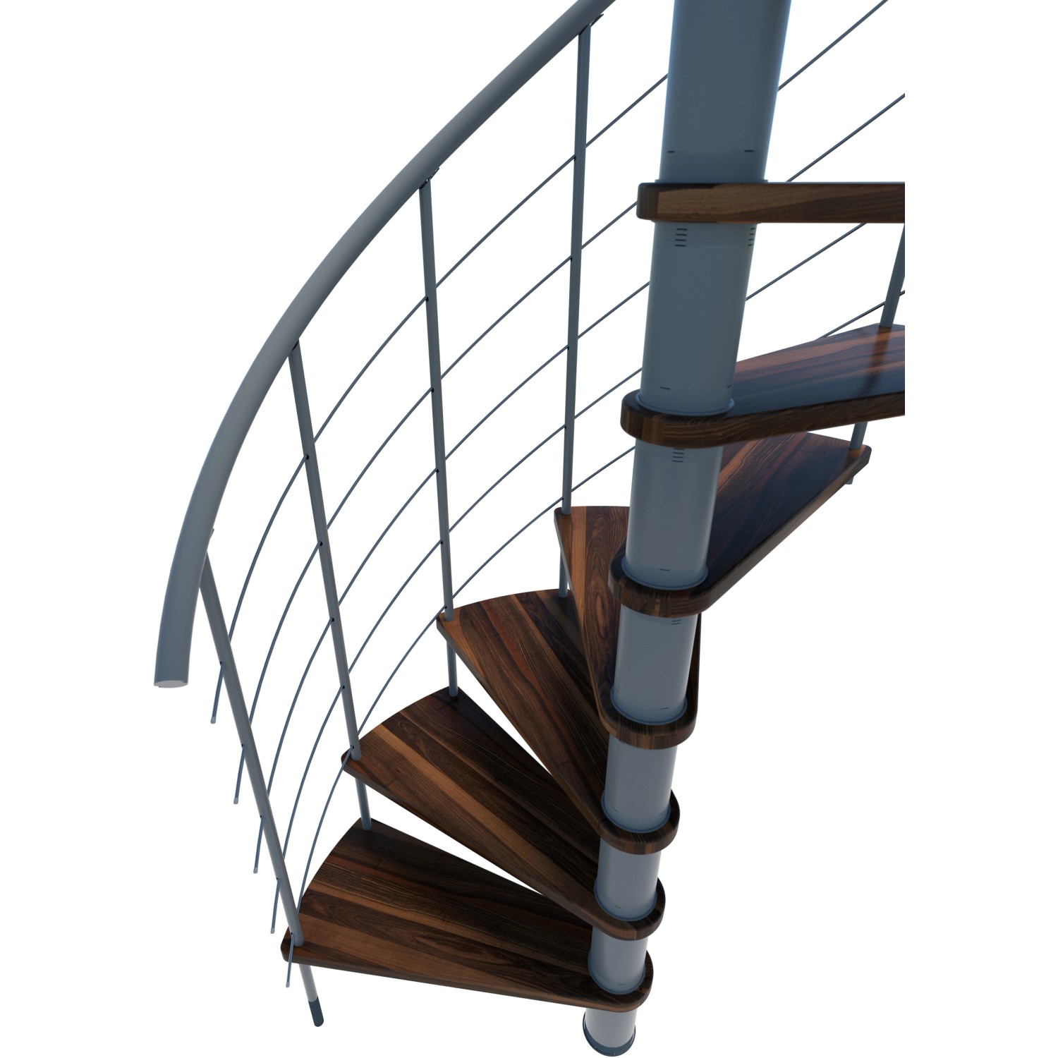 Minka Spindeltreppe Venezia Smart, Walnuss-Holzstufen, graues Metallgeländer. Innentreppe mit modernem Design.