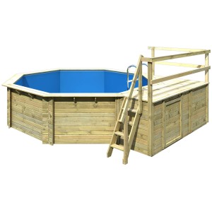 Karibu Holzpool Set mit Sonnenterrasse, Leiter und Filteranlage.