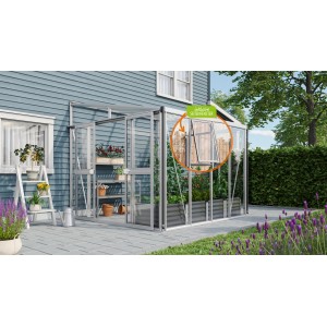 Vitavia Gewächshaus Athena 7000 aus Alu mit Seitenfenster, 7 m² Fläche. Anlehngewächshaus mit Pflanzen.