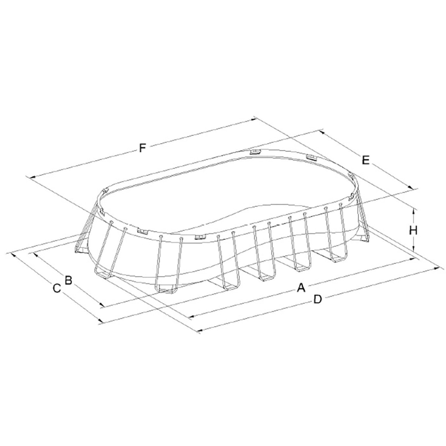 Skizze eines grauen Intex Frame Pool Sets Prism, oval, mit Maßangaben.