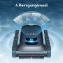 Dunkelblauer Poolroboter Scuba S1 mit Raupenantrieb im Wasser. Zeigt 4 Reinigungsmodi: Auto, Boden, Wand, ECO.