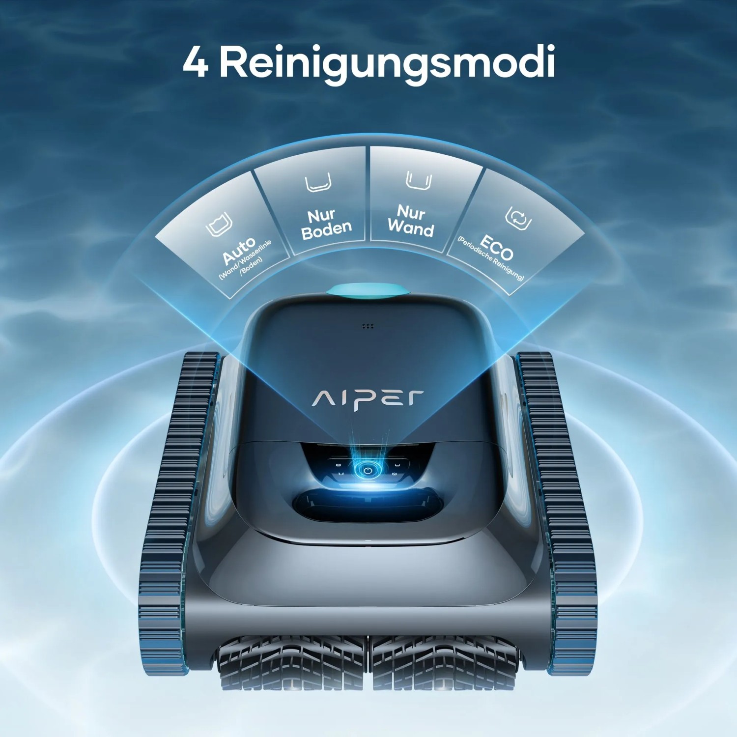 Dunkelblauer Poolroboter Scuba S1 mit Raupenantrieb im Wasser. Zeigt 4 Reinigungsmodi: Auto, Boden, Wand, ECO.
