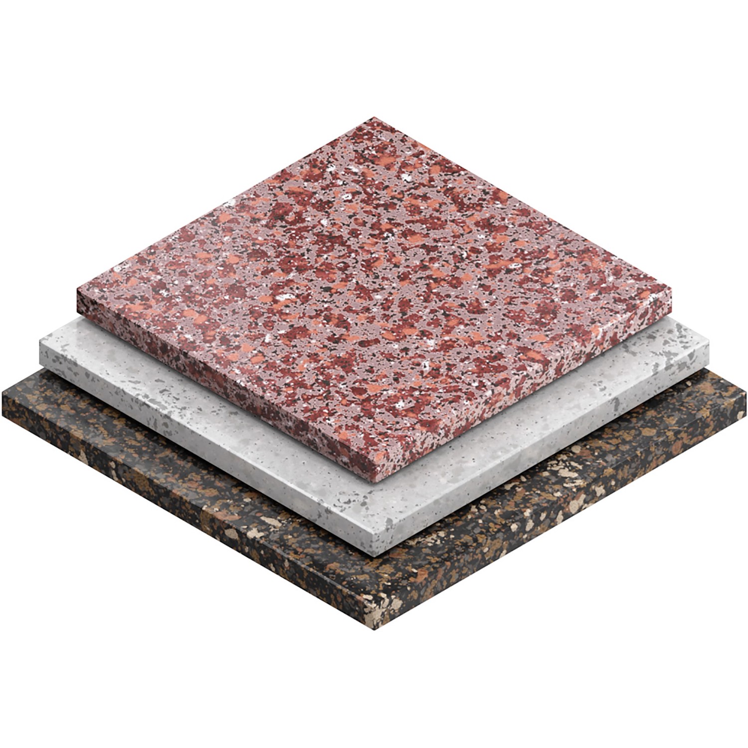 Drei Betonbohrer in Rot, Grau und Schwarz gestapelt.