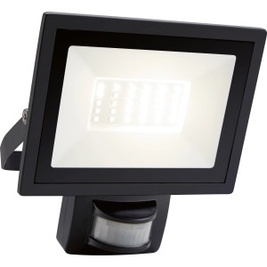 Schwarzer LED-Außenstrahler mit Sensor, 30W, 2550lm für Garten und Terrasse.
