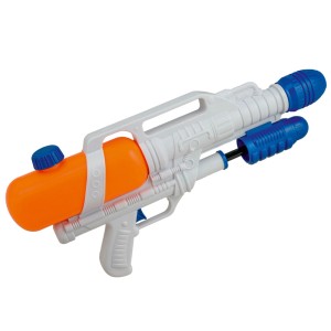 Happy People Wasserkanone WK 450: Weiße Wasserspritze mit orangenem Tank und blauen Details.