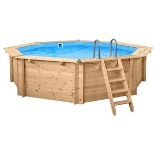 Holzpool Set Java, ø 5,30 m, H 1,36 m mit Leiter. Acht-eckiger Pool aus hellem Holz mit blauer Innenfolie.