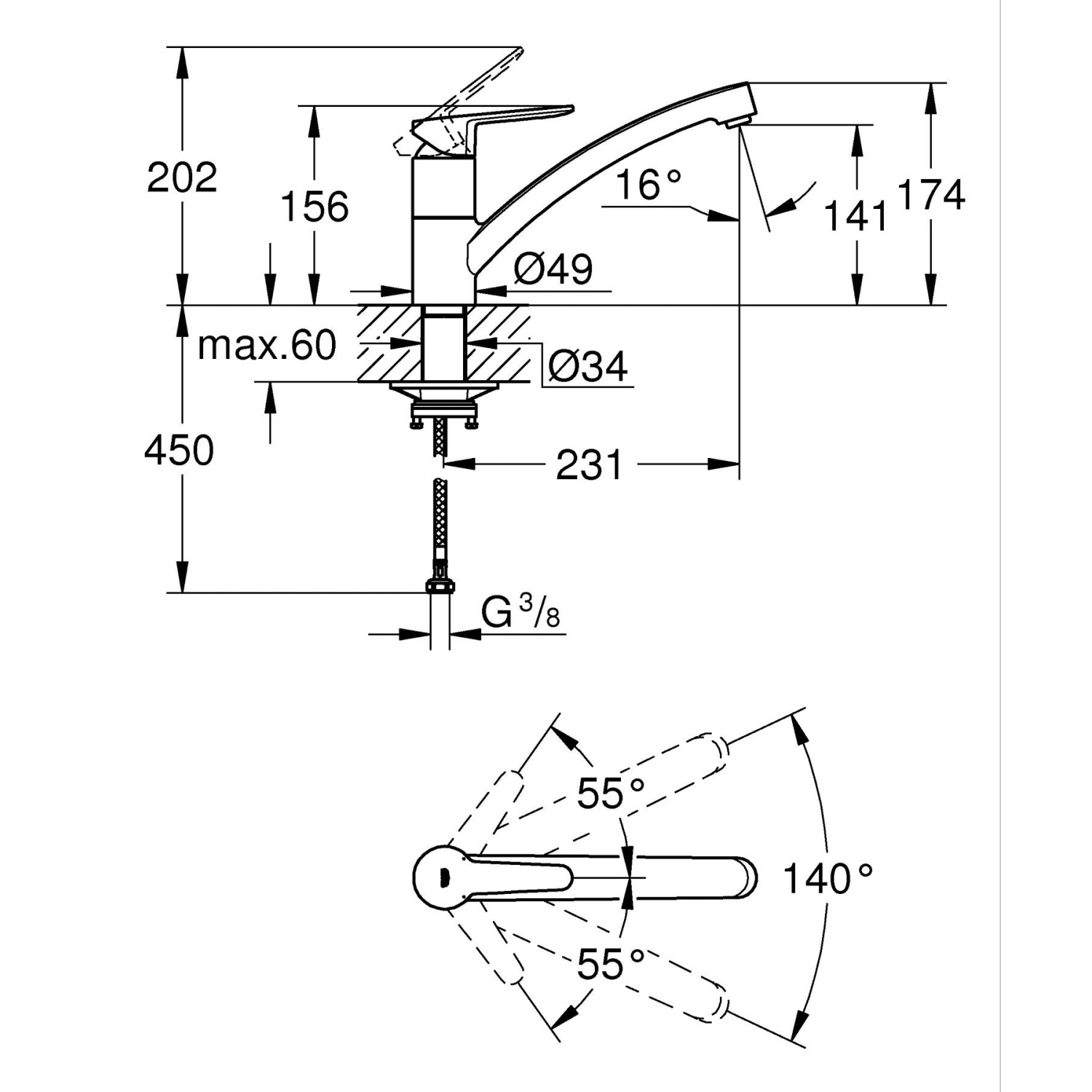 Technische Zeichnung der Grohe QuickFix Start Eco Spültischarmatur mit Maßangaben.