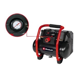 Einhell Akku-Kompressor TE-AC 36/150 Li OF Solo: Mobiler Kompressor mit Manometer und rotem Tragegriff.