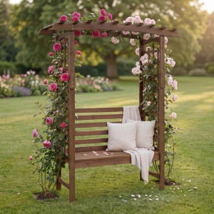 Dunkelbrauner Rosenbogen mit Sitzbank und Rankhilfe, dekoriert mit rosa Rosen.